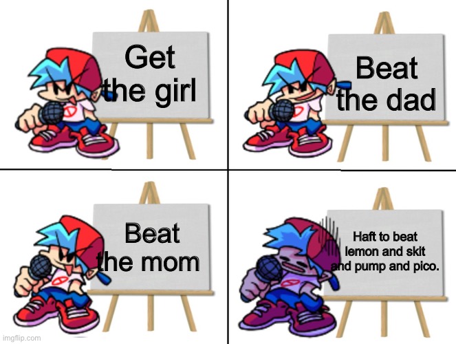 FNF YAAAA | Beat the dad; Get the girl; Beat the mom; Haft to beat lemon and skit and pump and pico. | image tagged in the bf's plan,fnf | made w/ Imgflip meme maker
