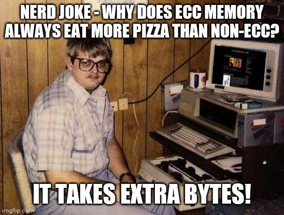 Thank you thank you! I'll be here all week | NERD JOKE - WHY DOES ECC MEMORY ALWAYS EAT MORE PIZZA THAN NON-ECC? IT TAKES EXTRA BYTES! | image tagged in computer nerd,bad jokes,memory | made w/ Imgflip meme maker