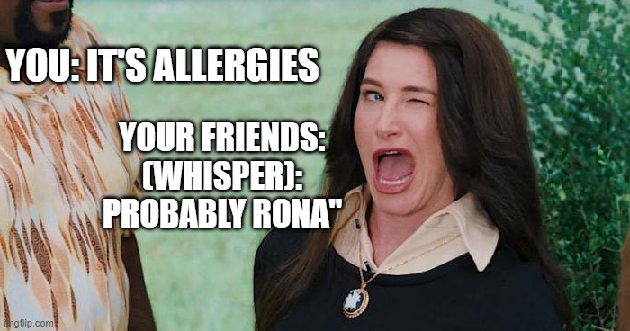 WandaVision Allergies | YOU: IT'S ALLERGIES; YOUR FRIENDS: (WHISPER): PROBABLY RONA" | image tagged in allergies,wandavision | made w/ Imgflip meme maker