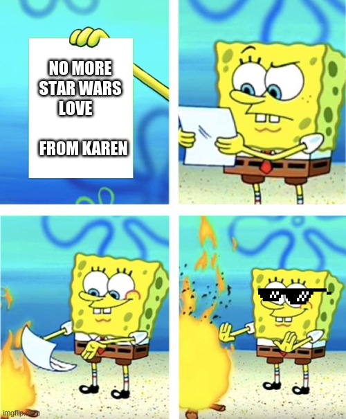 well he did burn the paper | NO MORE STAR WARS LOVE               FROM KAREN | image tagged in spongebob burning paper | made w/ Imgflip meme maker