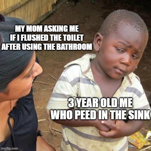 Third World Skeptical Kid Meme | MY MOM ASKING ME IF I FLUSHED THE TOILET AFTER USING THE BATHROOM; 3 YEAR OLD ME WHO PEED IN THE SINK | image tagged in memes,third world skeptical kid | made w/ Imgflip meme maker