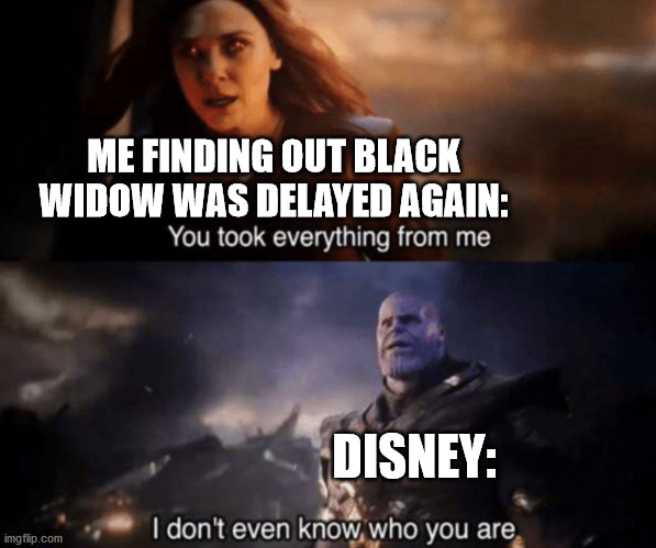 The upset is real, memers! | ME FINDING OUT BLACK WIDOW WAS DELAYED AGAIN:; DISNEY: | image tagged in you took everything from me - i don't even know who you are,black widow | made w/ Imgflip meme maker