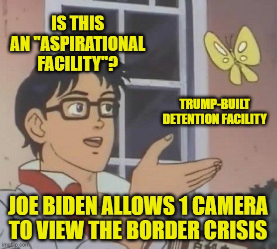 Is This A Pigeon Meme | IS THIS AN "ASPIRATIONAL FACILITY"? TRUMP-BUILT DETENTION FACILITY; JOE BIDEN ALLOWS 1 CAMERA TO VIEW THE BORDER CRISIS | image tagged in memes,is this a pigeon | made w/ Imgflip meme maker