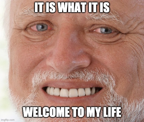 IT IS WHAT IT IS WELCOME TO MY LIFE | image tagged in hide the pain harold | made w/ Imgflip meme maker