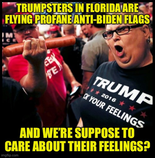 Hey losers, Biden is still your president | TRUMPSTERS IN FLORIDA ARE FLYING PROFANE ANTI-BIDEN FLAGS; AND WE’RE SUPPOSE TO CARE ABOUT THEIR FEELINGS? | image tagged in trump supporters | made w/ Imgflip meme maker