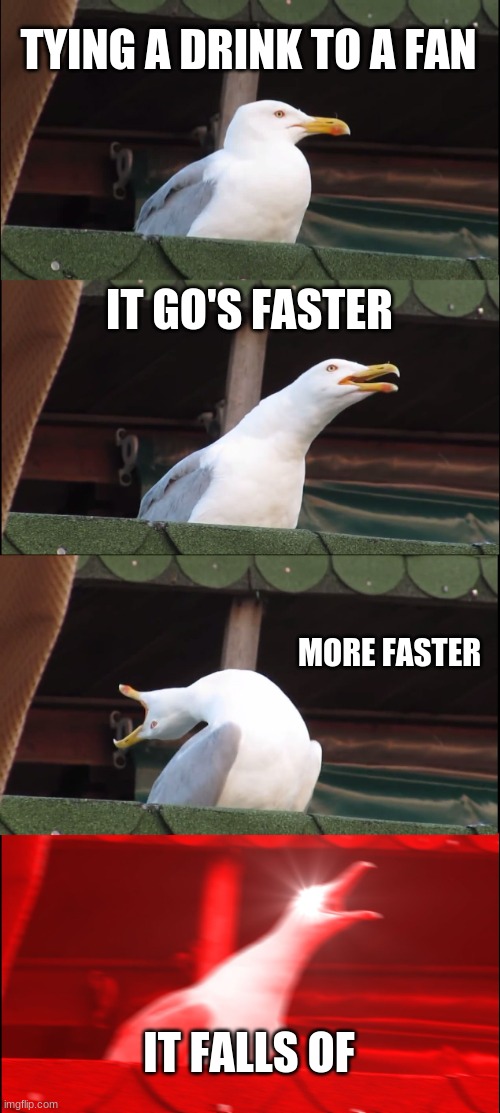 Inhaling Seagull | TYING A DRINK TO A FAN; IT GO'S FASTER; MORE FASTER; IT FALLS OF | image tagged in memes,inhaling seagull | made w/ Imgflip meme maker