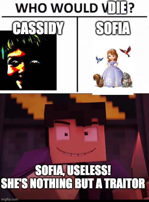 Sofia Must be killed | DIE; CASSIDY; SOFIA; SOFIA, USELESS! SHE'S NOTHING BUT A TRAITOR | image tagged in memes,who would win,sofia the first,the one you shouldn't have killed,william afton,purple guy | made w/ Imgflip meme maker