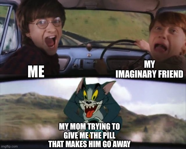 Tom chasing Harry and Ron Weasly | MY IMAGINARY FRIEND; ME; MY MOM TRYING TO GIVE ME THE PILL THAT MAKES HIM GO AWAY | image tagged in tom chasing harry and ron weasly | made w/ Imgflip meme maker