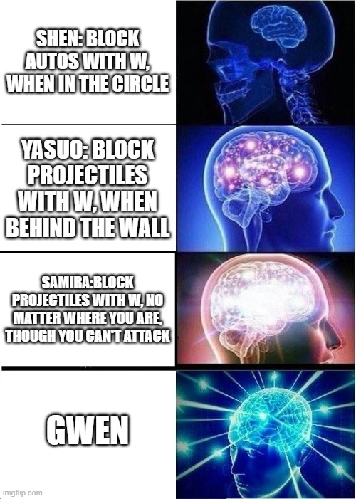 gwen | SHEN: BLOCK AUTOS WITH W, WHEN IN THE CIRCLE; YASUO: BLOCK PROJECTILES WITH W, WHEN BEHIND THE WALL; SAMIRA:BLOCK PROJECTILES WITH W, NO MATTER WHERE YOU ARE, THOUGH YOU CAN'T ATTACK; GWEN | image tagged in memes,expanding brain | made w/ Imgflip meme maker