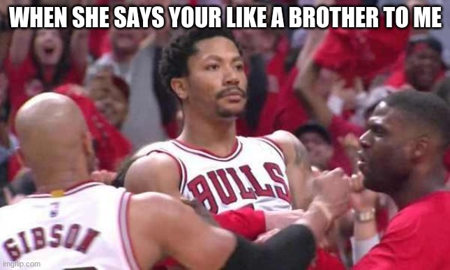 when she says your like a brother to me | WHEN SHE SAYS YOUR LIKE A BROTHER TO ME | image tagged in derrick rose | made w/ Imgflip meme maker