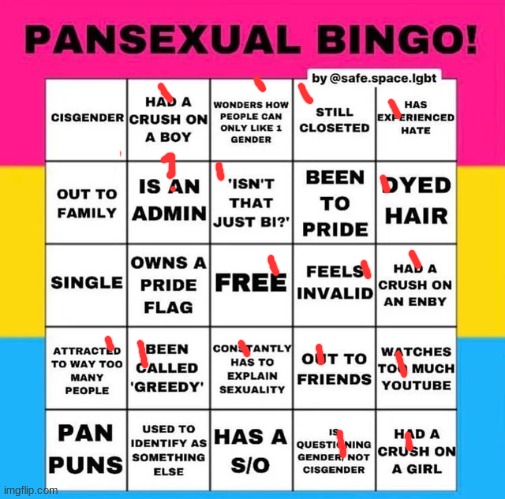 .w. | image tagged in pansexual bingo | made w/ Imgflip meme maker