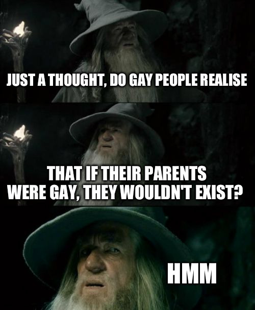my thought | JUST A THOUGHT, DO GAY PEOPLE REALISE; THAT IF THEIR PARENTS WERE GAY, THEY WOULDN'T EXIST? HMM | image tagged in memes,confused gandalf | made w/ Imgflip meme maker