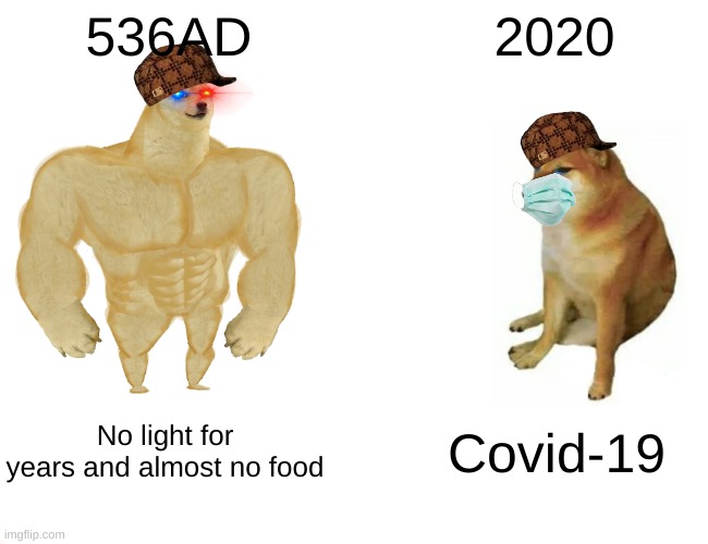 Buff Doge vs. Cheems | 536AD; 2020; No light for years and almost no food; Covid-19 | image tagged in memes,buff doge vs cheems | made w/ Imgflip meme maker