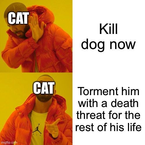 Drake Hotline Bling Meme | Kill dog now Torment him with a death threat for the rest of his life CAT CAT | image tagged in memes,drake hotline bling | made w/ Imgflip meme maker
