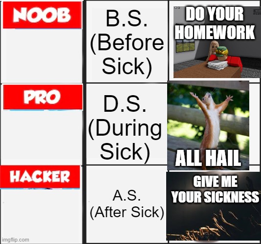 Stages of sickness | DO YOUR HOMEWORK; ALL HAIL; GIVE ME YOUR SICKNESS | image tagged in sick,sickness | made w/ Imgflip meme maker