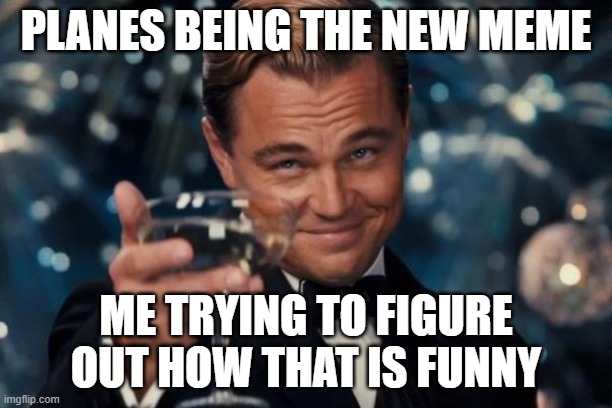 how is planes funny | PLANES BEING THE NEW MEME; ME TRYING TO FIGURE OUT HOW THAT IS FUNNY | image tagged in memes,leonardo dicaprio cheers | made w/ Imgflip meme maker