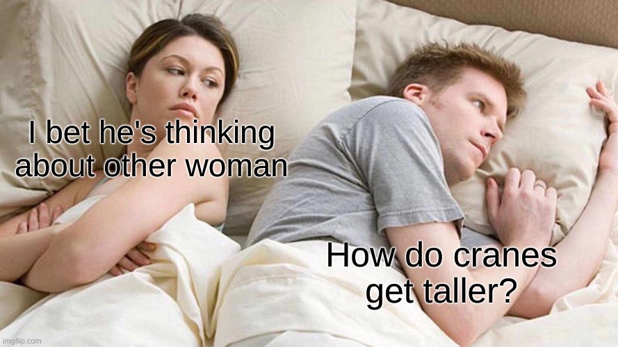 I Bet He's Thinking About Other Women Meme | I bet he's thinking about other woman; How do cranes get taller? | image tagged in memes,i bet he's thinking about other women | made w/ Imgflip meme maker