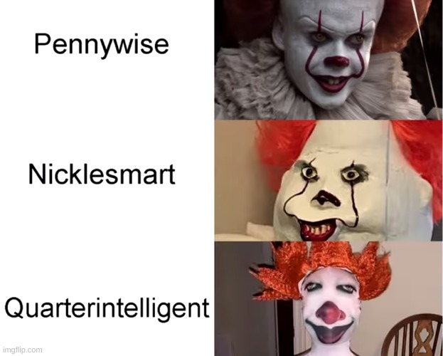 Quarterintelligent | image tagged in pennywise,memes,funny,not really a gif,quarterintelligent,nickelsmart | made w/ Imgflip meme maker