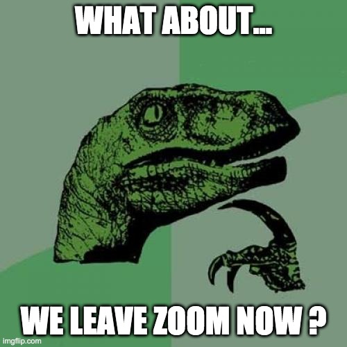 Philosoraptor | WHAT ABOUT... WE LEAVE ZOOM NOW ? | image tagged in memes,philosoraptor | made w/ Imgflip meme maker
