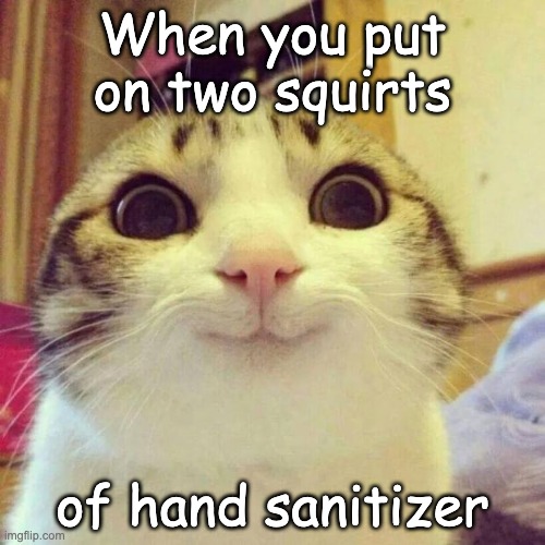 covid free | When you put on two squirts; of hand sanitizer | image tagged in memes,smiling cat | made w/ Imgflip meme maker