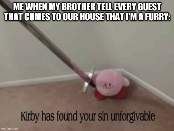 i swear he's such an idiot | ME WHEN MY BROTHER TELL EVERY GUEST THAT COMES TO OUR HOUSE THAT I'M A FURRY: | image tagged in kirby has found your sin unforgivable | made w/ Imgflip meme maker