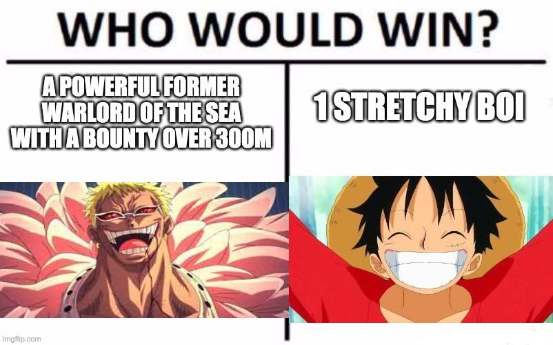 Who Would Win? Meme | A POWERFUL FORMER WARLORD OF THE SEA WITH A BOUNTY OVER 300M; 1 STRETCHY BOI | image tagged in memes,who would win | made w/ Imgflip meme maker