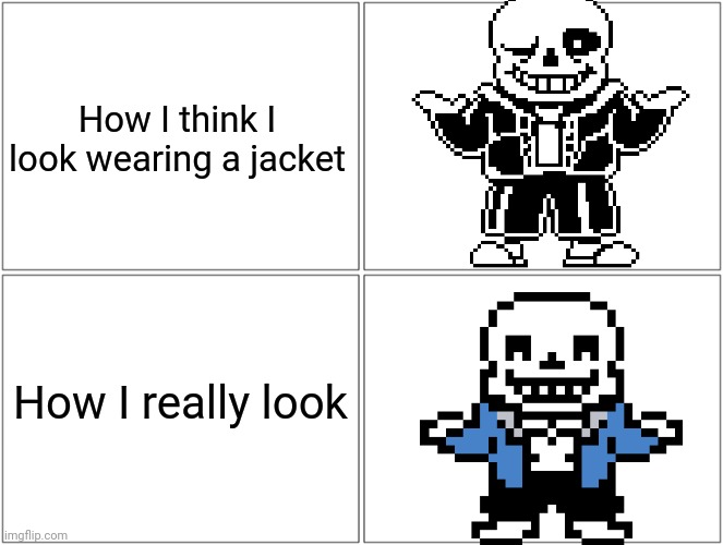 Yes | How I think I look wearing a jacket; How I really look | image tagged in memes,blank comic panel 2x2 | made w/ Imgflip meme maker