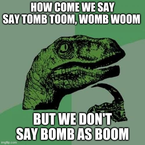 HUH | HOW COME WE SAY SAY TOMB TOOM, WOMB WOOM; BUT WE DON'T SAY BOMB AS BOOM | image tagged in memes,philosoraptor | made w/ Imgflip meme maker