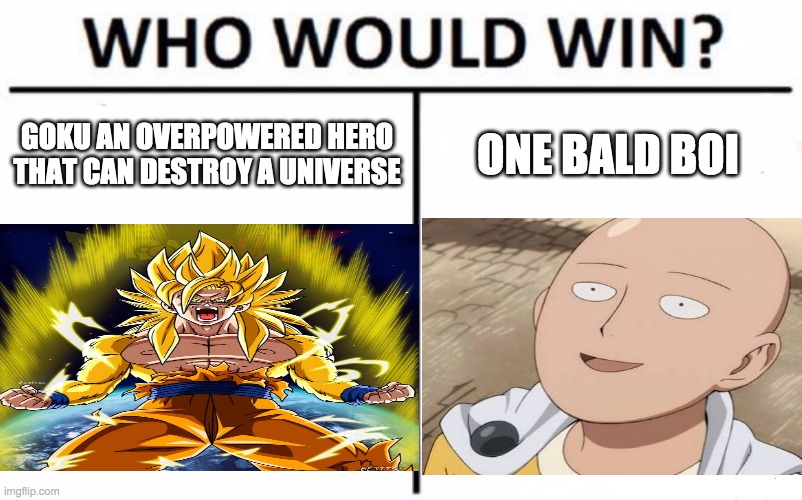 Who Would Win? Meme | GOKU AN OVERPOWERED HERO THAT CAN DESTROY A UNIVERSE; ONE BALD BOI | image tagged in memes,who would win | made w/ Imgflip meme maker