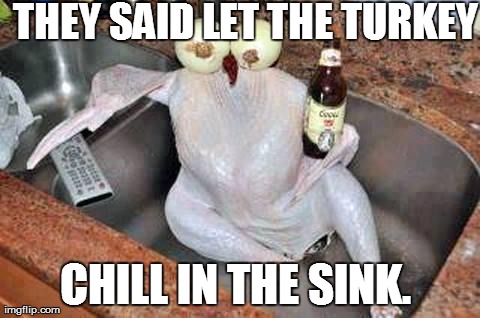 THEY SAID LET THE TURKEY CHILL IN THE SINK. | image tagged in chillin' turkey | made w/ Imgflip meme maker