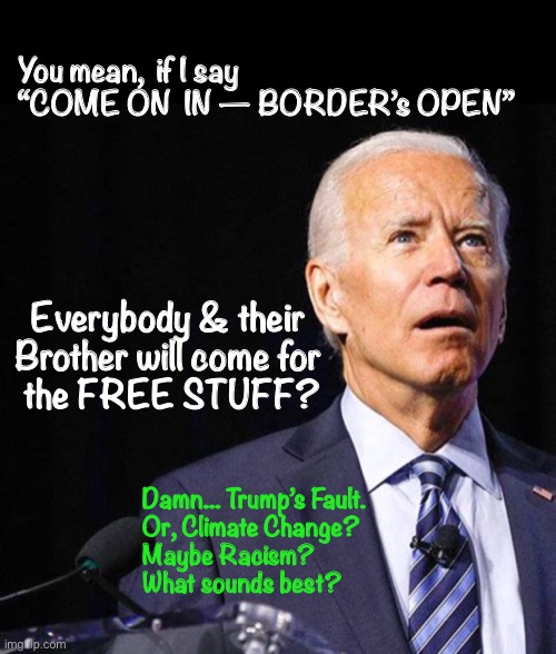 Can’t say it’s part of My PLAN - We’ll call it... | You mean,  if I say 
“COME ON  IN — BORDER’s OPEN”; Everybody & their Brother will come for
 the FREE STUFF? Damn... Trump’s Fault. 
Or, Climate Change?
Maybe Racism?  
What sounds best? | image tagged in biden screws america again,illegal immigration,democrats,trump,crisis,super spreaders | made w/ Imgflip meme maker