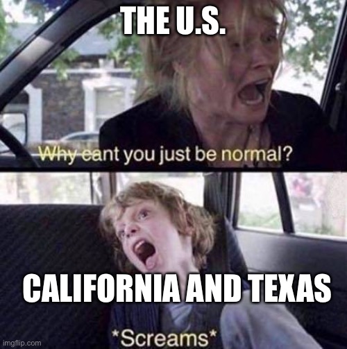 Am I wrong? | THE U.S. CALIFORNIA AND TEXAS | image tagged in why can't you just be normal | made w/ Imgflip meme maker