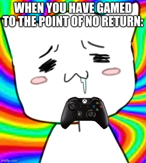 Trust me, this has happened to me before |  WHEN YOU HAVE GAMED TO THE POINT OF NO RETURN: | image tagged in drooling cat-dog-thing idk | made w/ Imgflip meme maker