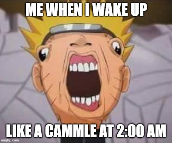 Naruto joke |  ME WHEN I WAKE UP; LIKE A CAMMLE AT 2:00 AM | image tagged in naruto joke | made w/ Imgflip meme maker