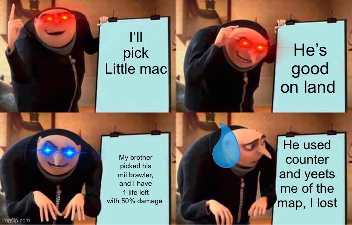 My brother in smash bros | I’ll pick Little mac; He’s good on land; He used counter and yeets me of the map, I lost; My brother picked his mii brawler, and I have 1 life left with 50% damage | image tagged in memes,gru's plan | made w/ Imgflip meme maker