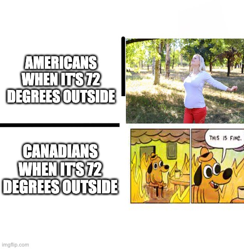 How are you guys still alive? | AMERICANS WHEN IT'S 72 DEGREES OUTSIDE; CANADIANS WHEN IT'S 72 DEGREES OUTSIDE | image tagged in blank starter pack | made w/ Imgflip meme maker
