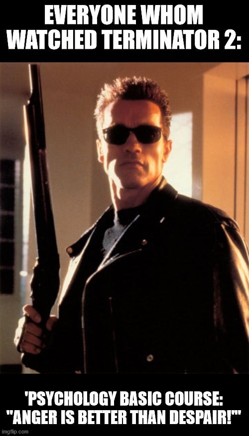 TerminatorGod | EVERYONE WHOM WATCHED TERMINATOR 2: 'PSYCHOLOGY BASIC COURSE: "ANGER IS BETTER THAN DESPAIR!"' | image tagged in terminatorgod | made w/ Imgflip meme maker