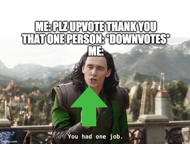 You had one job. Just the one | ME: PLZ UPVOTE THANK YOU
THAT ONE PERSON: *DOWNVOTES*
ME: | image tagged in you had one job just the one | made w/ Imgflip meme maker