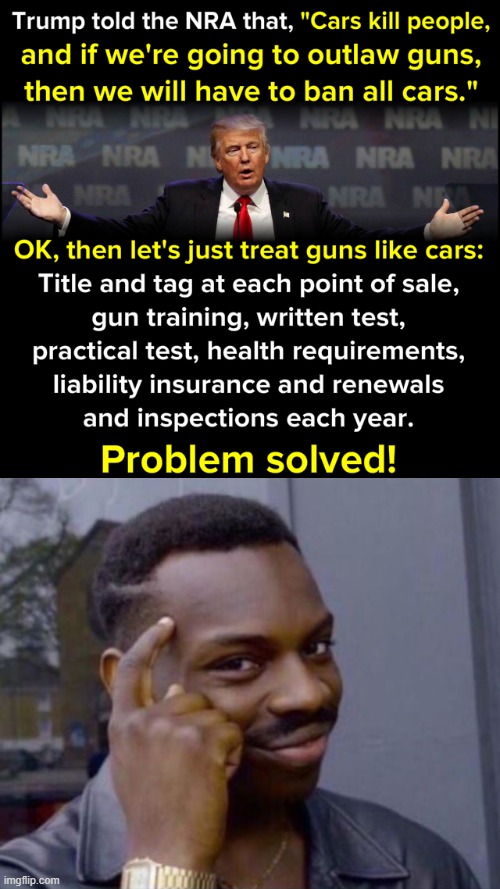 Actually, Trump, we *don't* ban cars. And we don't have to ban guns either. | image tagged in trump gun control,black guy pointing at head,gun control,gun laws,guns,gun rights | made w/ Imgflip meme maker