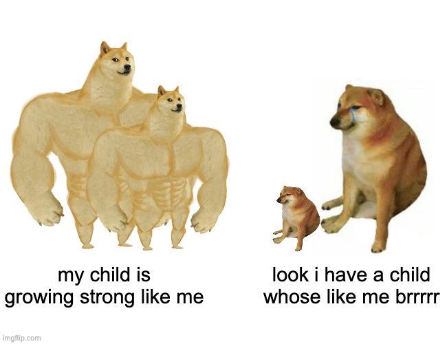 Buff Doge vs. Cheems | my child is growing strong like me; look i have a child whose like me brrrrr | image tagged in memes,buff doge vs cheems | made w/ Imgflip meme maker