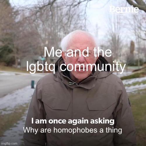 Why? | Me and the lgbtq community; Why are homophobes a thing | image tagged in memes,bernie i am once again asking for your support | made w/ Imgflip meme maker