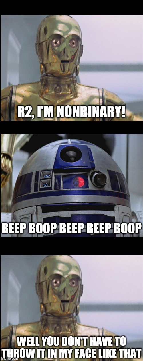 R2, I'M NONBINARY! BEEP BOOP BEEP BEEP BOOP; WELL YOU DON'T HAVE TO THROW IT IN MY FACE LIKE THAT | image tagged in star wars c3po this is madness r2d2 madness this is star war | made w/ Imgflip meme maker