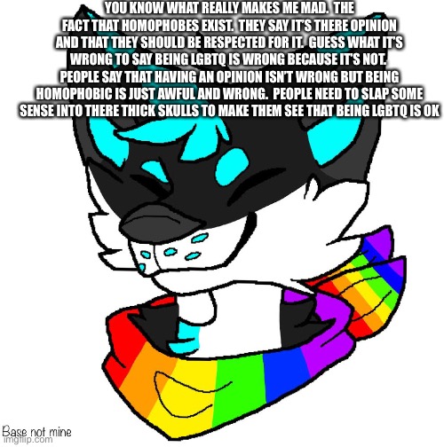 I hate homophobes | YOU KNOW WHAT REALLY MAKES ME MAD.  THE FACT THAT HOMOPHOBES EXIST.  THEY SAY IT’S THERE OPINION AND THAT THEY SHOULD BE RESPECTED FOR IT.  GUESS WHAT IT’S WRONG TO SAY BEING LGBTQ IS WRONG BECAUSE IT’S NOT.  PEOPLE SAY THAT HAVING AN OPINION ISN’T WRONG BUT BEING HOMOPHOBIC IS JUST AWFUL AND WRONG.  PEOPLE NEED TO SLAP SOME SENSE INTO THERE THICK SKULLS TO MAKE THEM SEE THAT BEING LGBTQ IS OK | image tagged in lgbtq | made w/ Imgflip meme maker