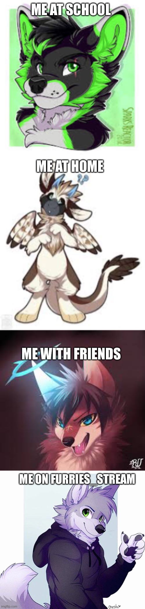 None of this art is mine | ME AT SCHOOL; ME AT HOME; ME WITH FRIENDS; ME ON FURRIES_STREAM | image tagged in furry | made w/ Imgflip meme maker