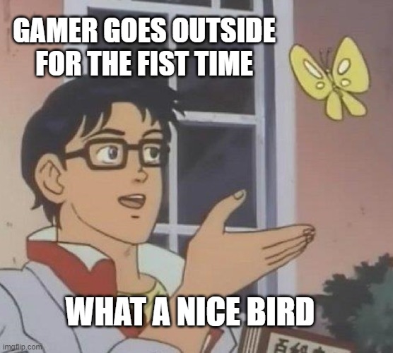 Is This A Pigeon Meme | GAMER GOES OUTSIDE FOR THE FIST TIME; WHAT A NICE BIRD | image tagged in memes,is this a pigeon | made w/ Imgflip meme maker