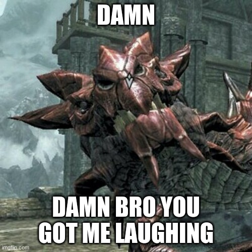 make a joke 3 times it aint funny | DAMN; DAMN BRO YOU GOT ME LAUGHING | image tagged in skyrim dragon | made w/ Imgflip meme maker