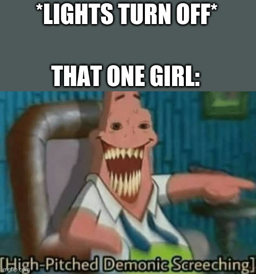 High-Pitched Demonic Screeching | *LIGHTS TURN OFF*; THAT ONE GIRL: | image tagged in high-pitched demonic screeching | made w/ Imgflip meme maker