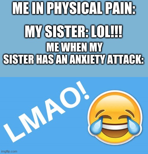 I am very happy with this | ME IN PHYSICAL PAIN:; MY SISTER: LOL!!! ME WHEN MY SISTER HAS AN ANXIETY ATTACK: | image tagged in lmao | made w/ Imgflip meme maker