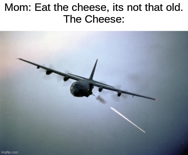The AC-130 was created in 1968 | Mom: Eat the cheese, its not that old.
The Cheese: | image tagged in ac-130 gunship,aviation,plane,air force,airplane | made w/ Imgflip meme maker