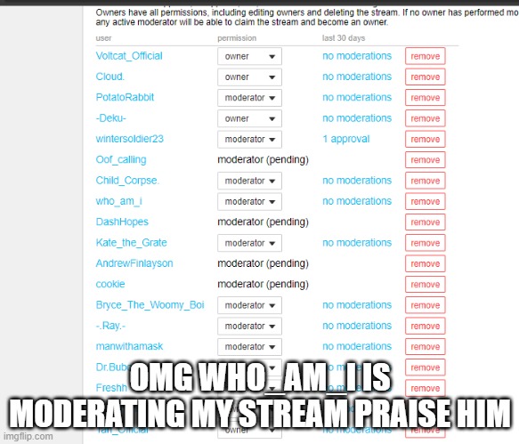 I simp for him lol | OMG WHO_AM_I IS MODERATING MY STREAM PRAISE HIM | made w/ Imgflip meme maker